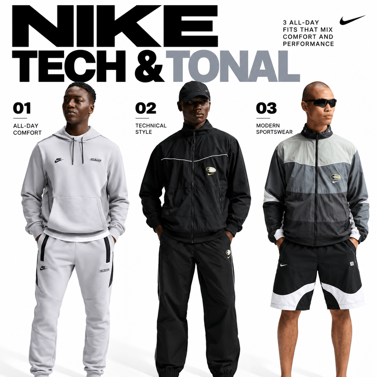 Nike Tech & Tonal Outfits: 3 All-Day Looks Mixing Comfort and Performance